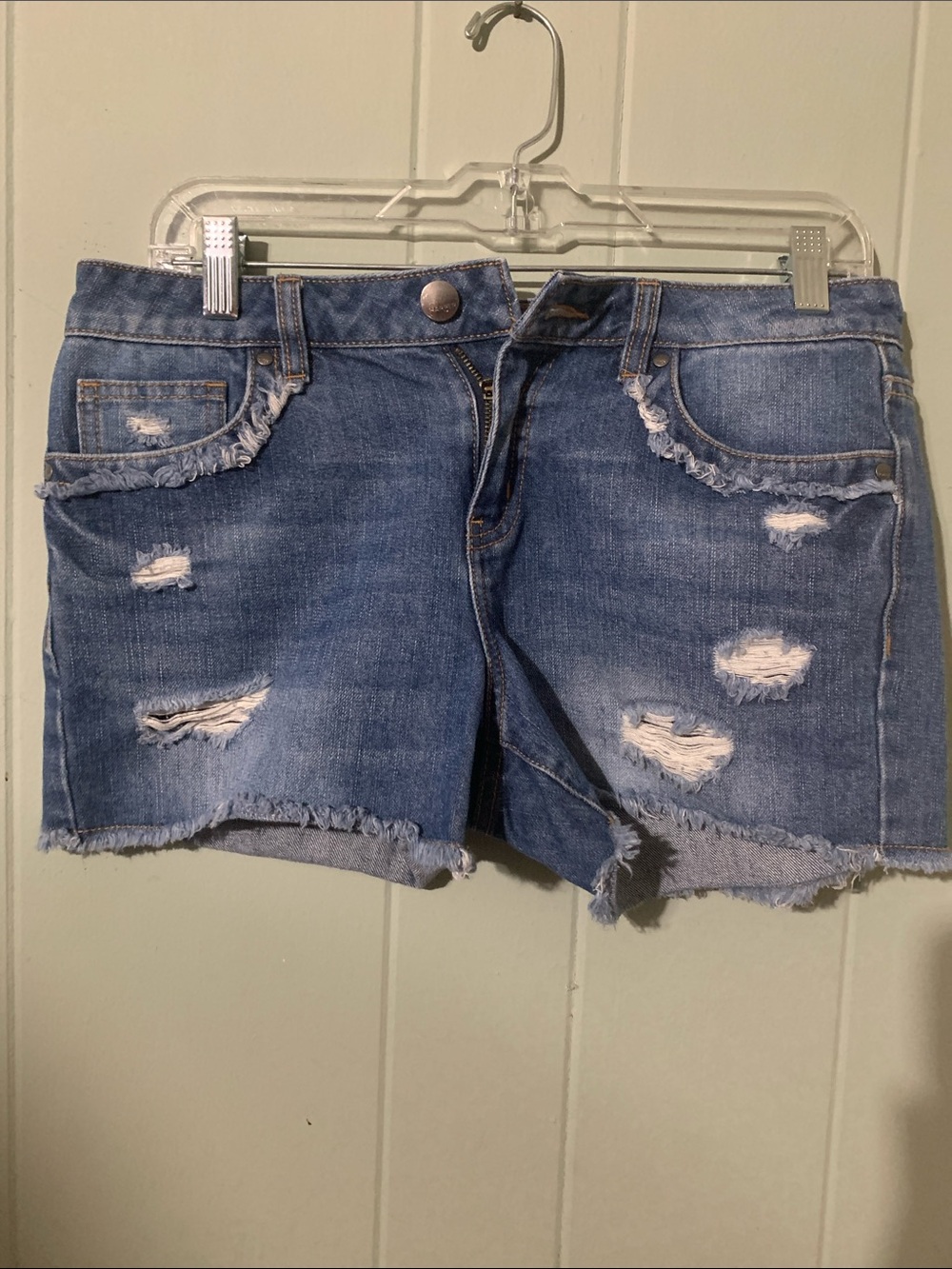 Harper Distressed Mid-Blue Denim Shorts